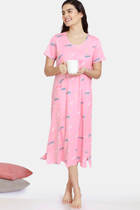 Zivame Autumn Leaves Knit Cotton Mid Calf Length Nightdress -Pink Ice — image 4